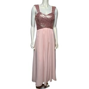Rose Gold Sequin Prom Dress Pink Chiffon Maxi Evening Gown Size 6 Open Back